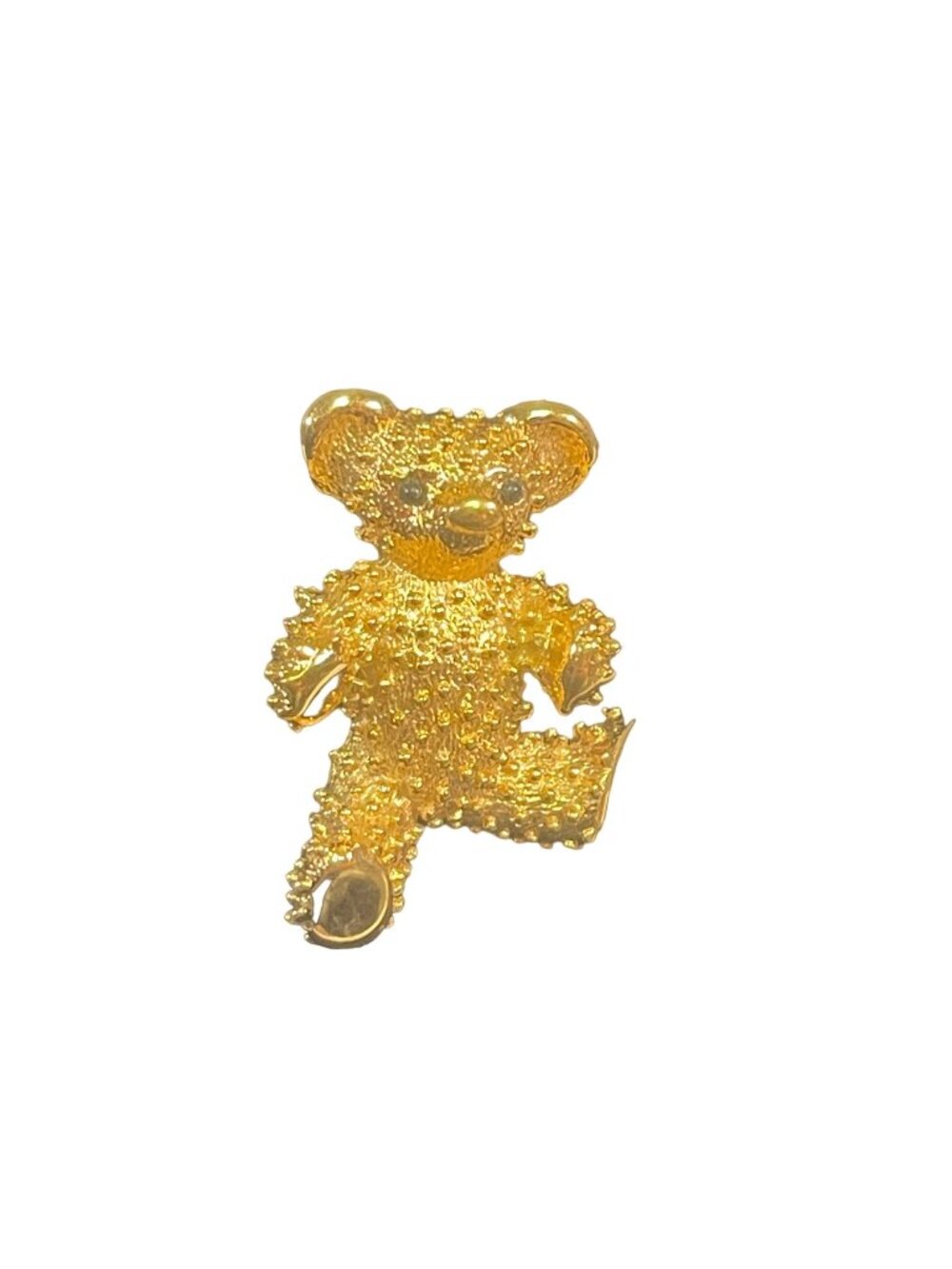 Golden Teddy Bear Brooch Pin Gold-Plated Textured Finish Black Rhinestone Eyes